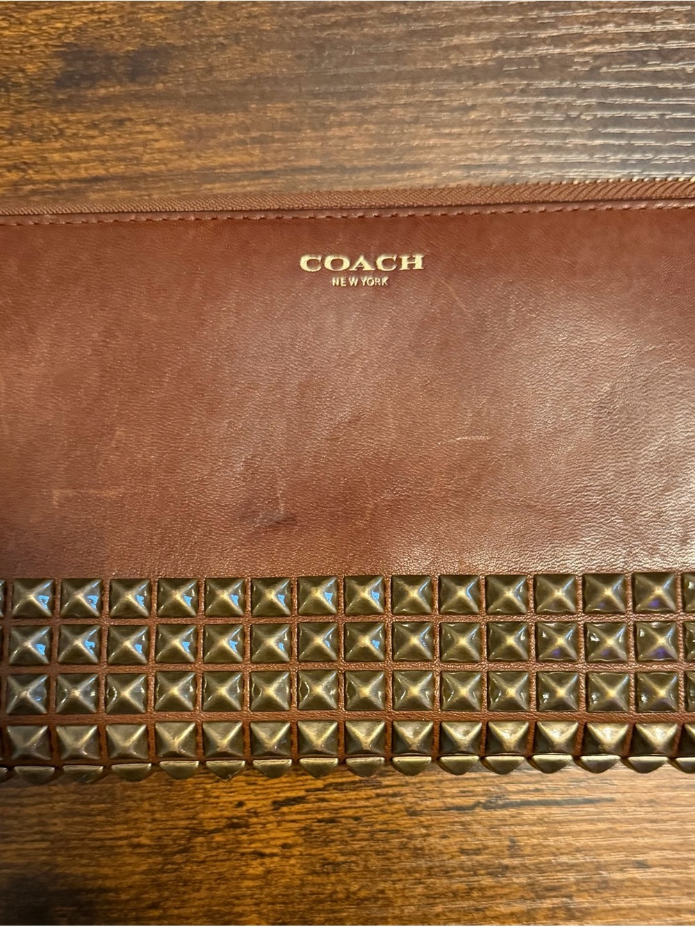 Coach Brown Leather Clutch with Gold-Tone Pyramid Studs